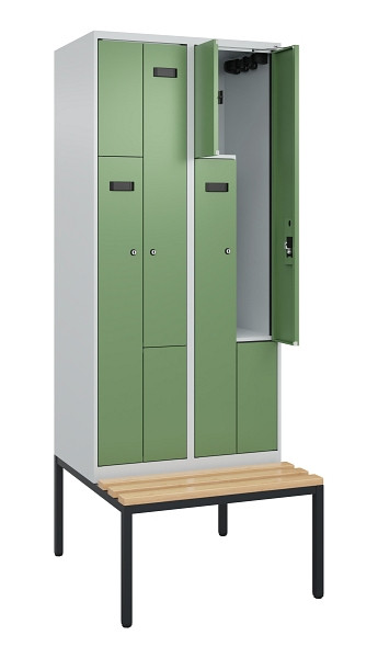 C+P Z-Spind Evolo PLUS, Bank, 4 Fächer, 2120x800x815mm, 7035/6011, Zylinderschloss, Sitzfläche Buche-Hartholz, Sitzbank, 0490537-224 S10033