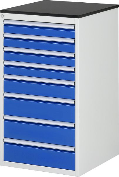 RAU Schubladenschrank Serie 7000, B580xT650xH1030mm, Schubladen: 4xH90, 1xH120, 3xH150mm, Arbeitsplatte mit Melaminharzbeschichtung, 03-L7.8A-M.11