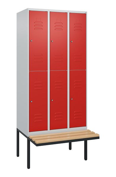 C+P Doppelstöckiger Spind Classic PLUS, 3 Abteile, 2120x900x815mm, 7035/3020, Zylinderschlösser, Buche-Sitzleisten, Sitzfläche, 0803407-30 S10092