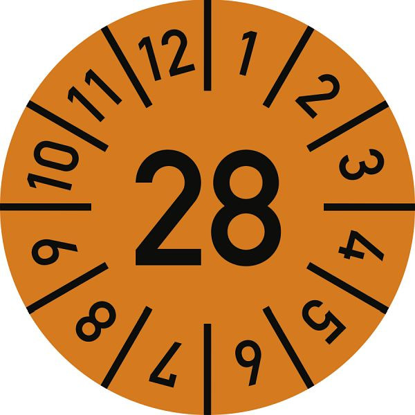 Moedel Prüfplakette Jahr 28 mit Monaten, orange, Folie, Ø 10 mm, VE: 10 Stück/Bogen, 106892