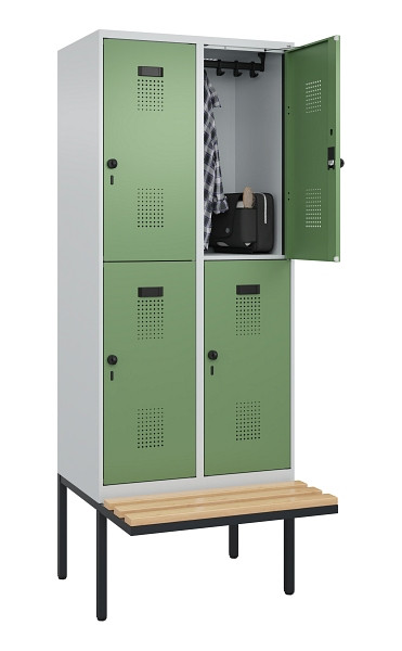 C+P Doppelstock-Spind Evolo PLUS, Bank, 4 Fächer, 2120x800x815mm, 7035/6011, Drehriegel, Sitzfläche Buche-Hartholz, 0493407-22 S10010