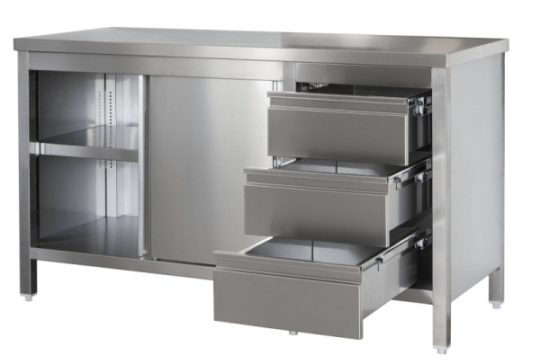 A&S Gastro Edelstahl Arbeitsschrank mit Schubladenblock rechts, Türenund Zwischenboden, Tiefe 600mm, AISI 304, 2900 x 600 x 850 mm, ARSSBR296