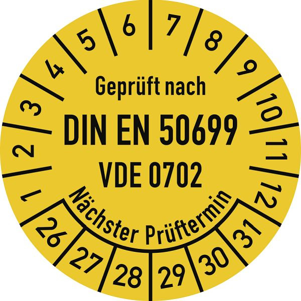 Moedel Prüfplakette DIN EN 50699 Nächster Prüftermin, 2026-2031, Folie, Ø 30mm, VE: 10 Stück/Bogen, 108598