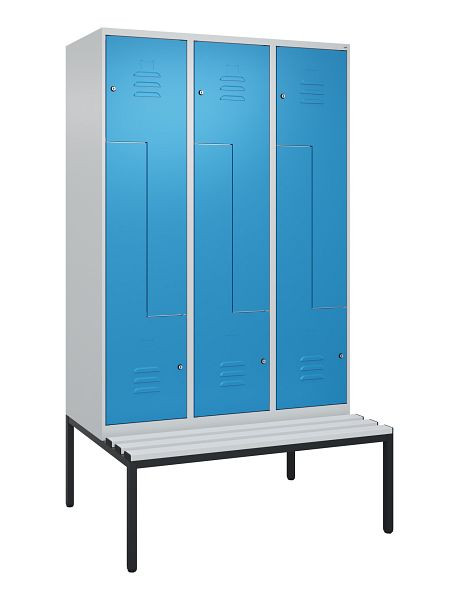 C+P Z-Spind Classic PLUS, mit untergebauter Sitzbank, 6 Abteile, 2120x1200x815mm, 7035/5012, Zylinderschlösser, 0800537-326 S10049