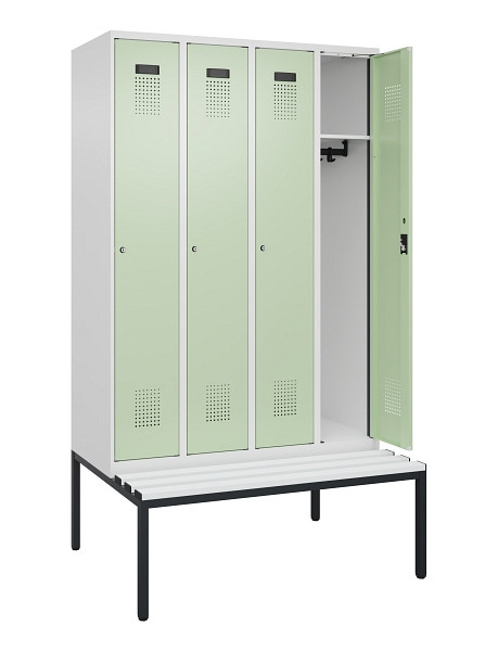 C+P Spind Evolo PLUS, 4 Abteile, 2120x1200x815mm, 9016/6019, Haken 3, Zylinderschloss, Sitzfläche Kunststoff, Sitzbank, 0490507-40 S10100