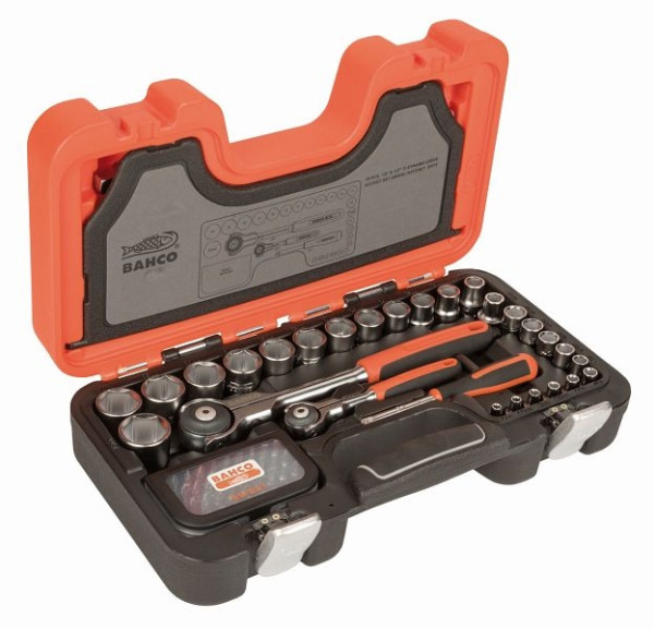 Bahco Steckschlüssel-Satz 1/4" und 1/2", metrisch, Sechskantprofil, Vierkantantrieb, inklusive Kugelkopfknarre – 79-teilig, SW79