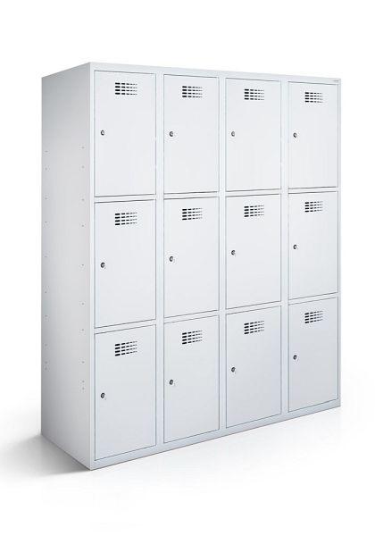 KEMMLIT Schließfachschrank mit 4 Abteilen und 12 Türen 30cm mit geschlossenem Sockel, Lichtgrau 7035, Zylinderschloss, 100607