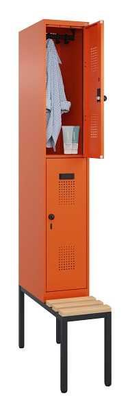 C+P Doppelstock-Spind Evolo PLUS, Bank, 2 Fächer, 2120x300x815mm, 2004/2004, Drehriegel, Sitzfläche Buche-Hartholz, Sitzbank, 0493507-10 S10023