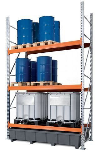 DENIOS Palettenregal PRP 27.44 für 9 Euro- oder 6 Chemiepaletten oder 6 IBC, mit 3 Lagerebenen, Grundfeld, 201635