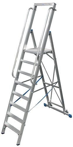 DENIOS Stufen-Stehleiter aus Aluminium, fahrbar, mit großer Plattform, 10 Stufen, 209-570
