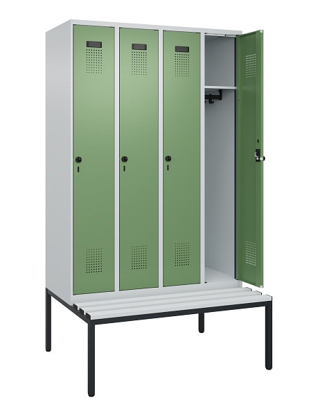 C+P Spind Evolo PLUS, 4 Abteile, 2120x1200x815mm, 7035/6011, Haken 3, Drehriegel, Sitzfläche Kunststoff, Sitzbank, 0490507-40 S10064
