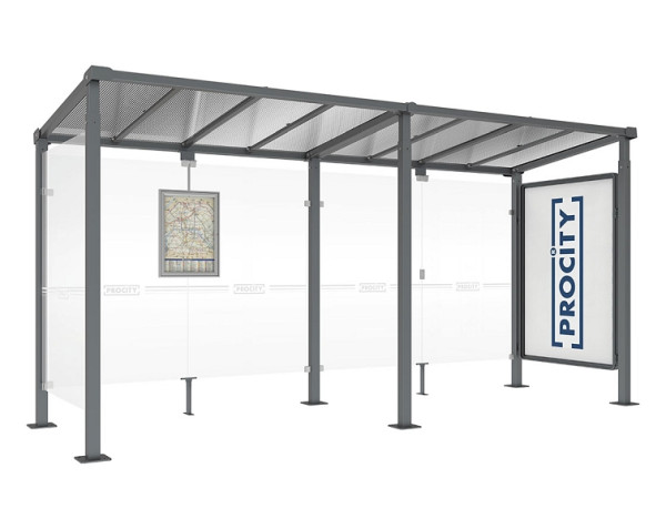 Procity Wartehalle Milano - 1 Schaukasten 2000 + 1 Seitenverkleidung, Farbe Procity grau, Maße: Breite 5000 x Höhe 2545 x Tiefe 1824 mm, 529247.GPRO
