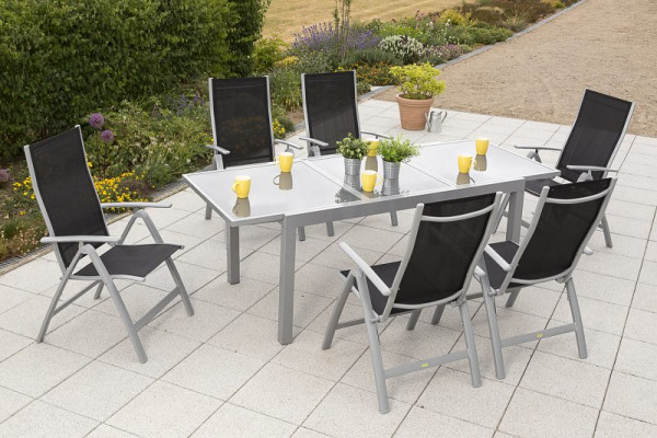 Merxx Carrara Set 7-teilig, 6 Klappsessel, Rückenlehne 5-fach verstellbar, 1 Ausziehtisch 160 (220) x 90 cm, graue Glasplatte, silber/schwarz, 50315-219