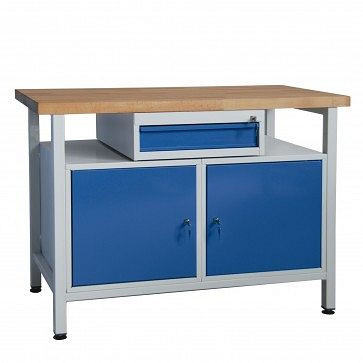 ADB Werkbank 1 Schublade + 2 Türen und Ablage, Maße: 1200x600x840mm (BxTxH), Farbe Werktisch: grau, RAL 7035, Farbe Schublade: Lichtblau, RAL 5012, 41942