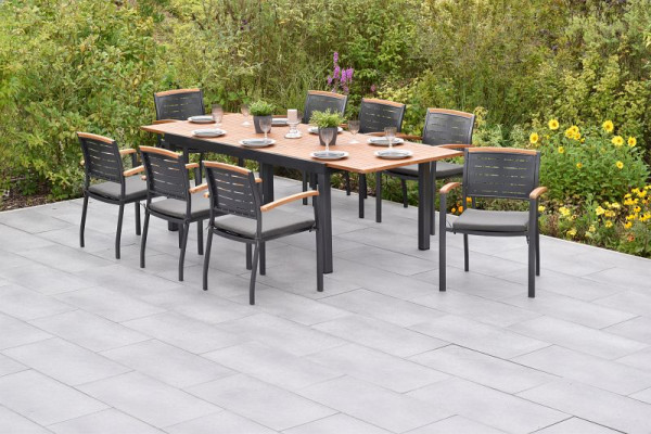 Merxx Tinos Set 17-teilig, 8 Tinos Stapelsessel, 8 Kissen, grau, mit Befestigungsbändchen, 1 Ausziehtisch 180 (250) x 100 cm, 50816-800