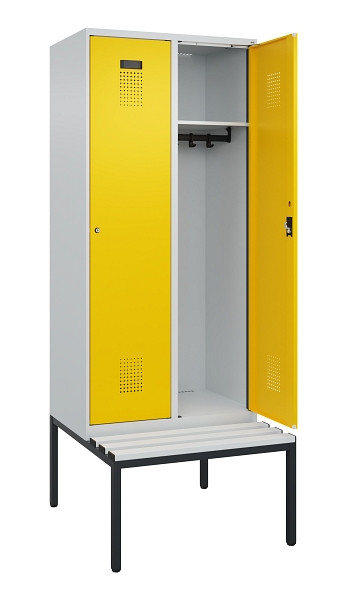 C+P Spind Evolo PLUS, 2 Abteile, 2120x800x815mm, 7035/1023, Haken 4, Zylinderschloss, Sitzfläche Kunststoff, Sitzbank, 0490507-22 S10082