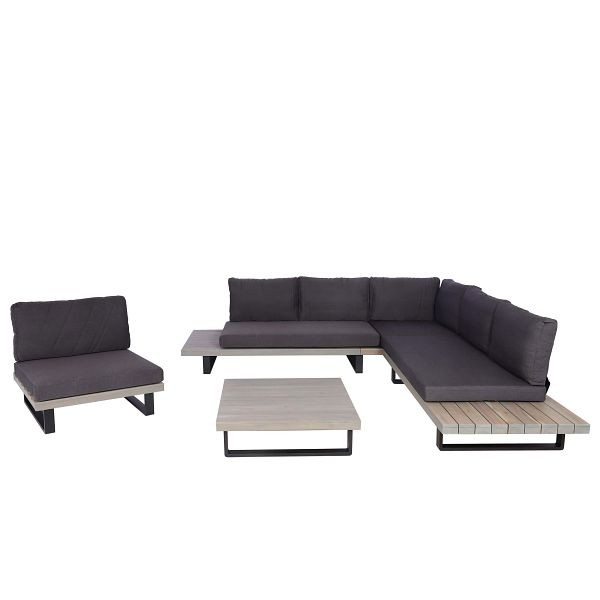 Mendler Garten-Garnitur mit Sessel HWC-H54, Lounge-Set Sofa, Spun Poly Akazie Holz FSC® Aluminium, grau, Polster dunkelgrau, 98277+98278+98528+101476