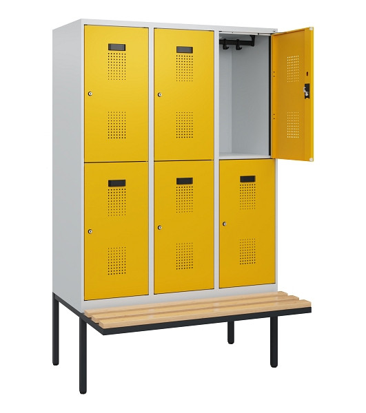 C+P Doppelstock-Spind Evolo PLUS, Bank, 6 Fächer, 1950x1200x815mm, 7035/1004, Zylinderschloss, Sitzfläche Buche-Hartholz, 0493405-32 S10018