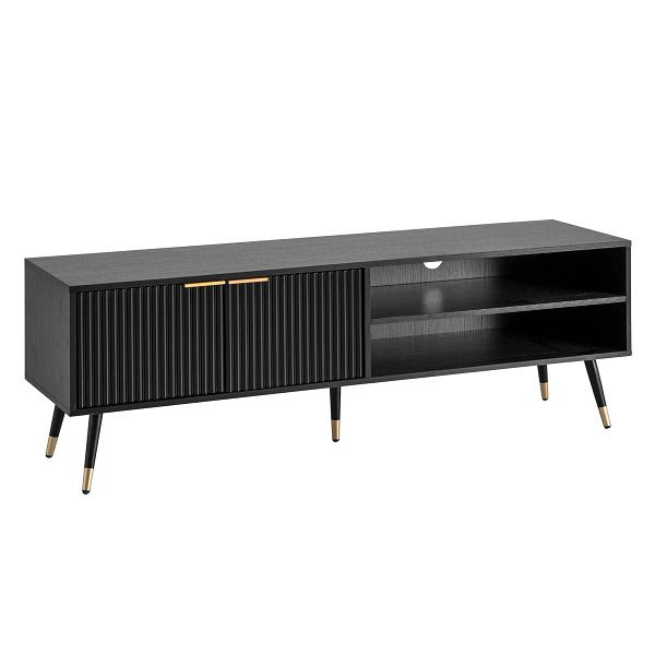 Wohnling Lowboard Schwarz mit Eiche-Dekor 150x51x39cm TV-Kommode, Design TV-Schrank Hoch, Fernsehtisch Fernsehschrank mit Türen & Ablagefächern, WL6.880