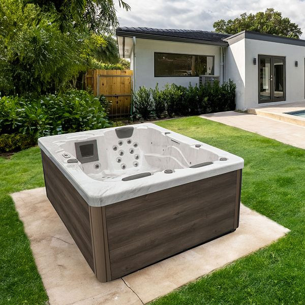 HOME DELUXE Outdoor Whirlpool mit Treppe und Thermoabdeckung WHITE MARBLE Nussbraun - 210 x 160 cm für 3 Personen, 74036