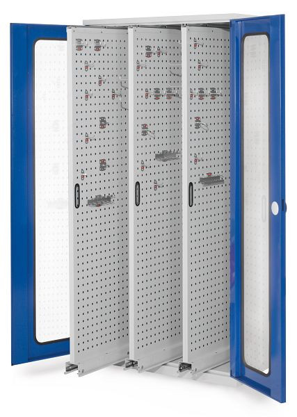 Kappes RasterPlan Vertikalschrank Modell 85, 1950 x 1000 x 600 mm, RAL 7035/5010, Sichtfenstertür, 3 Auszüge Lochplatten, 1467.01.5016