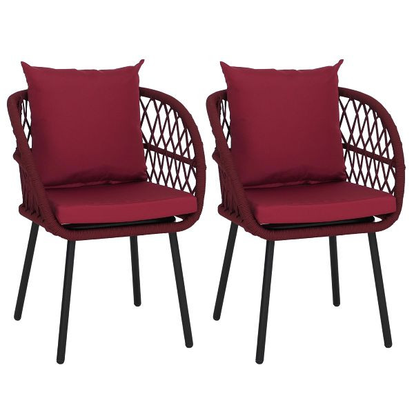 Mendler 2er-Set Gartenstuhl HWC-Q38, Gartensessel Armlehne, Aluminium Seilgeflecht Rope, Gestell schwarz, Polster bordeaux, 121394