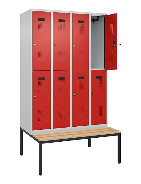 C+P Doppelstock-Spind Evolo PLUS, Bank, 8 Fächer, 2120x1200x815mm, 7035/3020, Zylinderschloss, Sitzfläche Buche-Hartholz, Sitzbank, 0493507-40 S10032