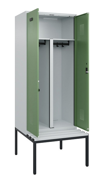 C+P PSA Doppel-Spind Evolo PLUS, Bank, 2 Abteile, 2120x800x815mm, 7035/6011, Zylinderschloss, Sitzfläche Kunststoff, Sitzbank, 0490527-22P S10091