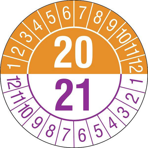 SafetyMarking Prüfplakette - mit Jahresfarbe, Jahreszahlen: 19/20, Prüfzeitraum: 20/21, Ø 3 cm, Folie, selbstklebend, VE: 15 Stück/Bogen, 30.3675-19/20
