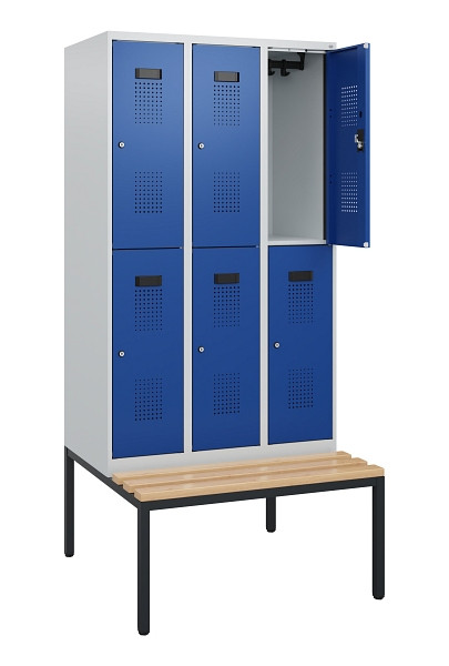 C+P Doppelstöckiger Spind Evolo PLUS, Bank, 6 Fächer, 1950x900x815mm, 7035/5010, Zylinderschloss, Sitzfläche Buche-Hartholz, Sitzbank, 0493505-30 S10029
