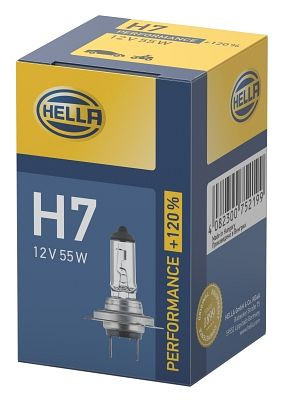 HELLA Halogen-Glühlampe, H7, Performance + 120%, 12V, 55W, Sockelausführung Glühlampe: PX26d, Schachtel, 8GH 223 498-031
