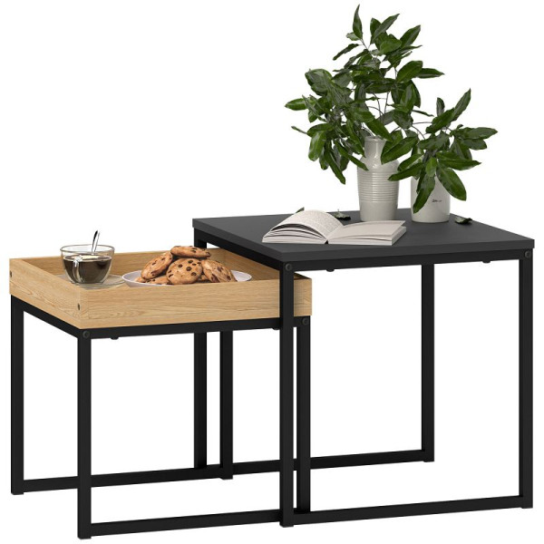 HOMCOM Moderner Couchtisch, 2er-Set Sofatisch, für kleine Räume, Quadratisch, MDF, Metall, Schwarz, 83B-121V00BK