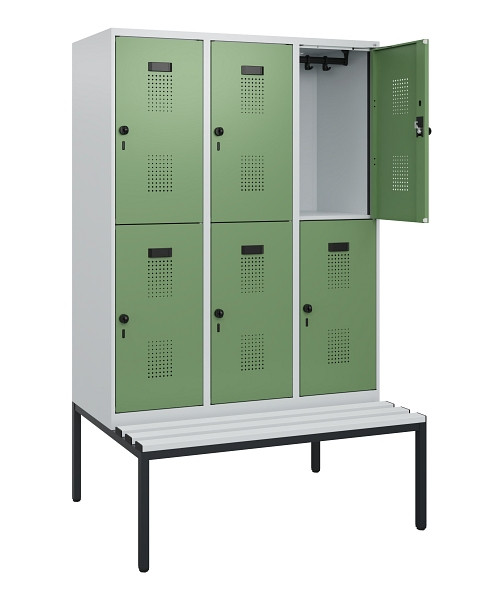 C+P Doppelstöckiger Spind Evolo PLUS, Bank, 6 Fächer, 1950x1200x815mm, 7035/6011, Drehriegel, Sitzfläche Kunststoff, Sitzbank, 0493505-32 S10101