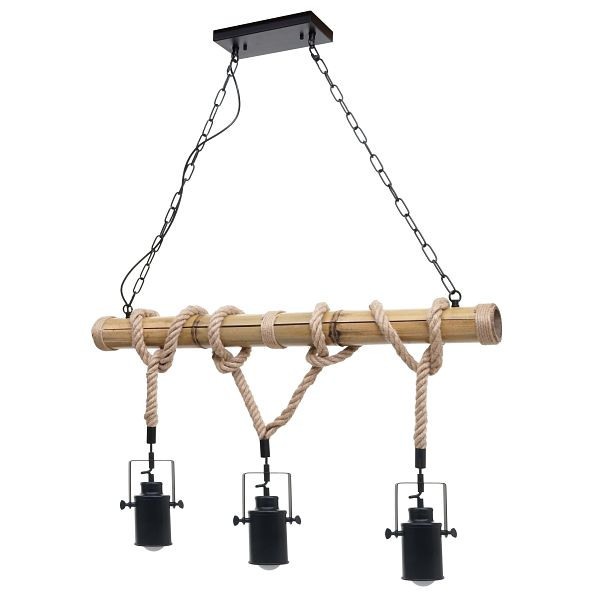 Mendler Pendelleuchte HWC-H82, Hängelampe Hängeleuchte, Industrial Vintage Bambus Seil Metall schwarz, 3x Spotlampenschirm, 74204
