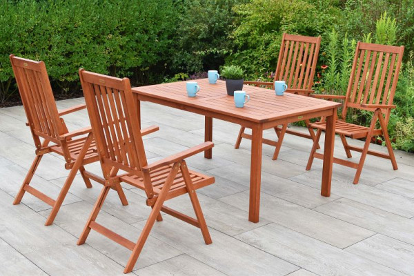 Merxx Vitoria Set 5-teilig, 4 Vitoria Klappsessel, Rückenlehne 5-fach verstellbar, 1 Tisch 150 x 90 cm, FSC Eukalyptusholz, 50184-011