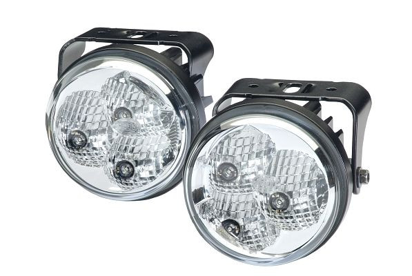 HELLA LED-Tagfahrleuchtensatz, 90mm, 24/12V, rund, Anbau, SAE/ECE-R10/E1 4479, Lichtscheibenfarbe: glasklar, Fahrzeugfront, 2PT 009 599-811