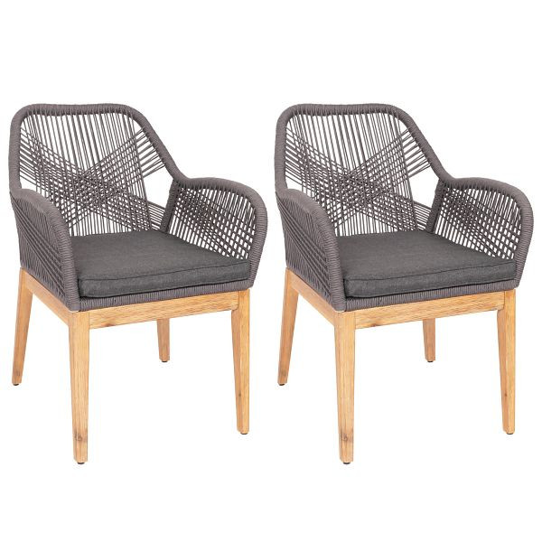 Mendler 2er-Set Gartenstuhl HWC-H56b, Sessel Outdoor, wetterfest Seilgeflecht Holz Akazie, grau Kissen anthrazit, 2x106678
