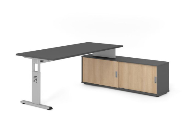 Hammerbacher Aufsatz-Schreibtisch OSE19, 180x80cm, Platte: Graphit, 25mm dick, T-Fuß Gestell Silber, Ahorn, SB/G/S/G/E, VOSE19SB/G/S/G/E