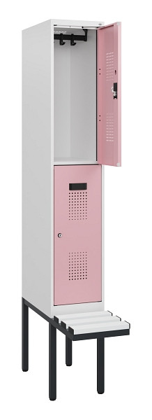 C+P Doppelstock-Spind Evolo PLUS, Bank, 2 Fächer, 1950x300x815mm, 9016/3015, Zylinderschloss, Sitzfläche Kunststoff, 0493405-10 S10153