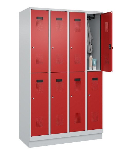 C+P Doppelstöckiger Spind Evolo PLUS, mit Sockel, 8 Fächer, 1950x1200x500mm, 703, Frontfarbe RAL 3000 feuerrot, Zylinderschloss, 049320-40 S10030