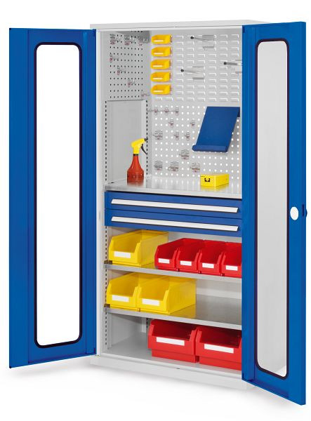 Kappes RasterPlan Schubladenschrank, Modell 31, RAL 7035/5010, Sichtfenstertür, 1950 x 1000 x 600 mm, 2 Schubladen H 100 mm, 1460.01.5016