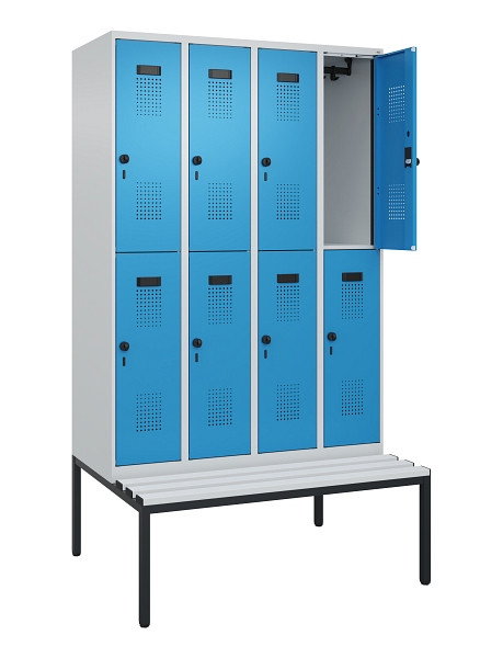 C+P Doppelstock-Spind Evolo PLUS, Bank, 8 Fächer, 2120x1200x815mm, 7035/5012, Drehriegel, Sitzfläche Kunststoff, Sitzbank, 0493507-40 S10088