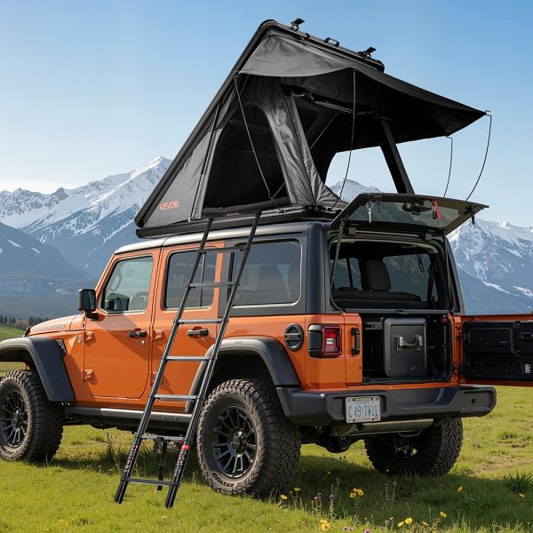 VEVOR Autodachzelt Hartschale für 2-3 Personen, Aluminium, LED, dicke Matratze, wasserdicht, für Jeep SUV Pickup, 250x225x144 cm, SJKSMZYKL000LC370001V9