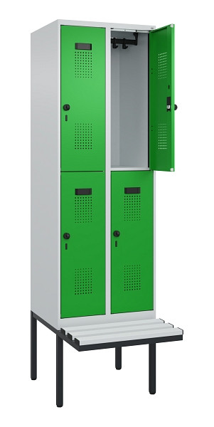 C+P Doppelstock-Spind Evolo PLUS, Bank, 4 Fächer, 2120x600x815mm, 7035/6037, Drehriegel, Sitzfläche Kunststoff, 0493407-20 S10092