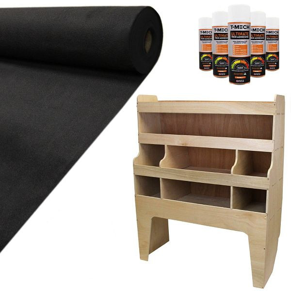 T-Mech 11qm Schwarz Teppich-Verkleidung Super Stretch mit Kleber & VW Transporter Regalsystem, 26305