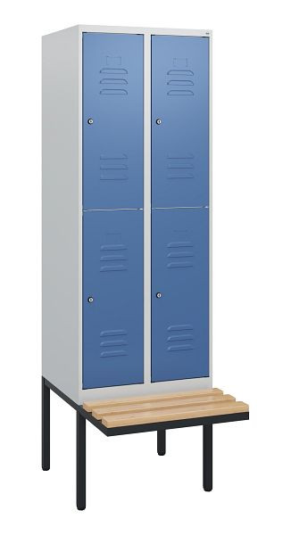 C+P Doppelstöckiger Spind Classic PLUS, 2 Abteile, 1950x600x815mm, 7035/5023, Zylinderschlösser, Buche-Sitzleisten, Sitzfläche, 0803405-20 S10035