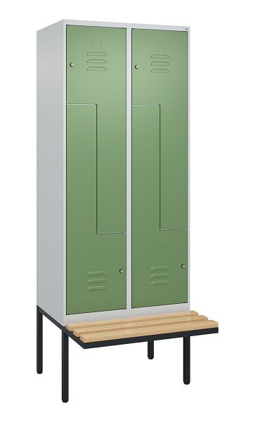 C+P Z-Spind Classic PLUS, Bank, 4 Abteile, 2120x800x815mm, 7035/6011, Zylinderschlösser, Buche-Sitzleisten, 0800437-224 S10021