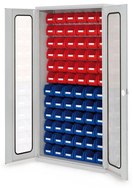 Kappes RasterPlan- Schlitzplattenschrank, H1950 x B 1000 x T 410 mm RAL 7035, Modell 52, Sichtfenstertüren bestückt mit Lagersichtkästen, 1353.02.5013