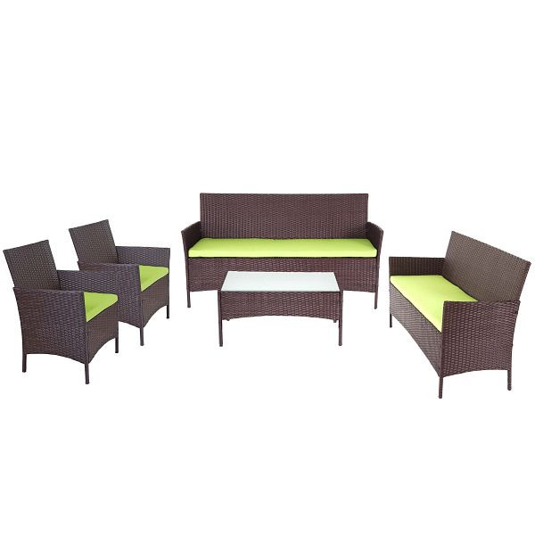 Mendler 3-2-1-1 Poly-Rattan Garten-Garnitur Halden, Lounge-Set Sitzgruppe Sofa, braun-meliert, Kissen grün, 64285+52038+52034+52040