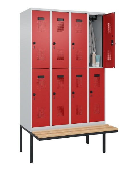 C+P Doppelstock-Spind Evolo PLUS, Bank, 8 Fächer, 2120x1200x815mm, 7035/3000, Drehriegel, Sitzfläche Buche-Hartholz, 0493407-40 S10003